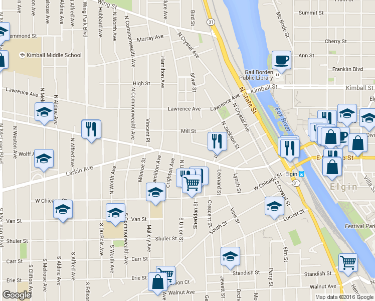 map of restaurants, bars, coffee shops, grocery stores, and more near 744 West Highland Avenue in Elgin