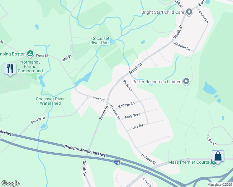 map of restaurants, bars, coffee shops, grocery stores, and more near 364 South Street in Foxborough