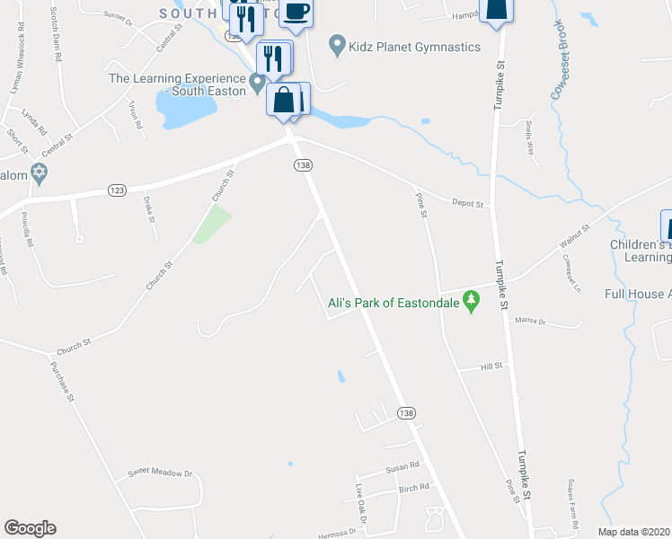 map of restaurants, bars, coffee shops, grocery stores, and more near 6 Adam Street in Easton