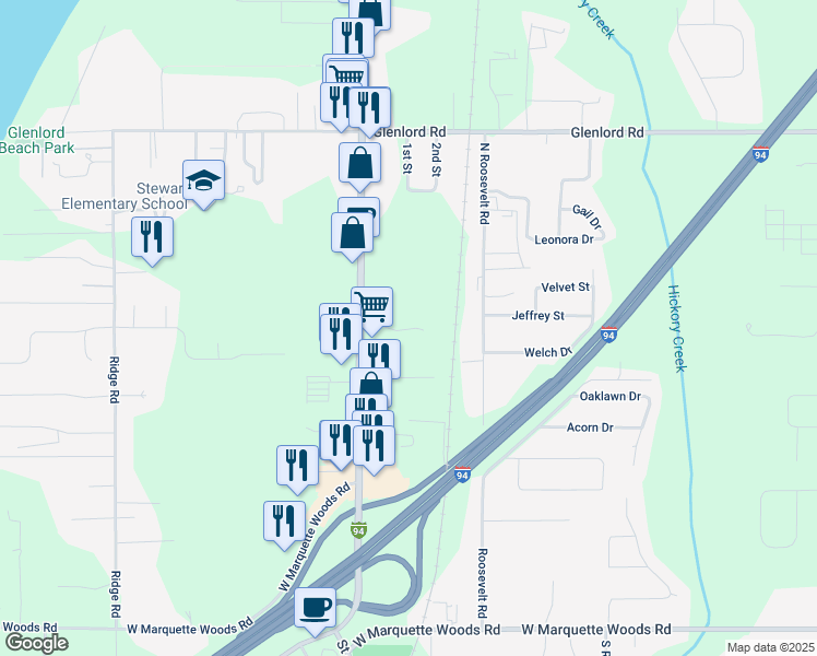 map of restaurants, bars, coffee shops, grocery stores, and more near 4419 Red Arrow Highway in Stevensville