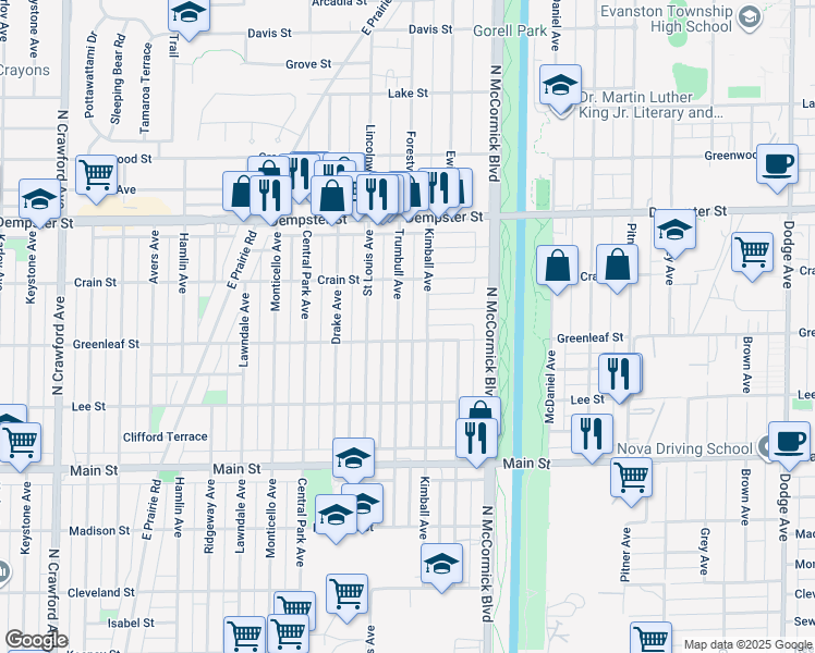 map of restaurants, bars, coffee shops, grocery stores, and more near 8601 Trumbull Avenue in Skokie