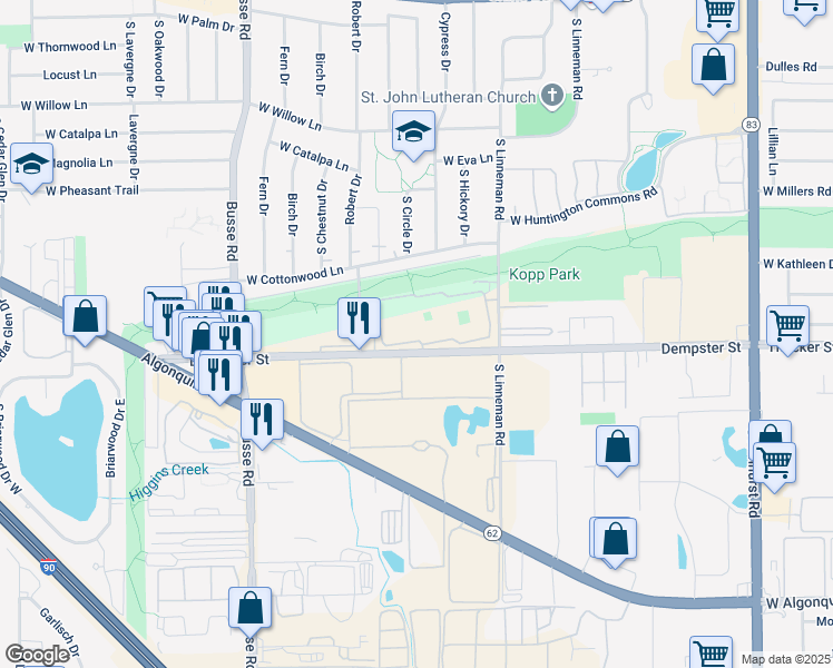 map of restaurants, bars, coffee shops, grocery stores, and more near 728 Dempster Street in Mount Prospect