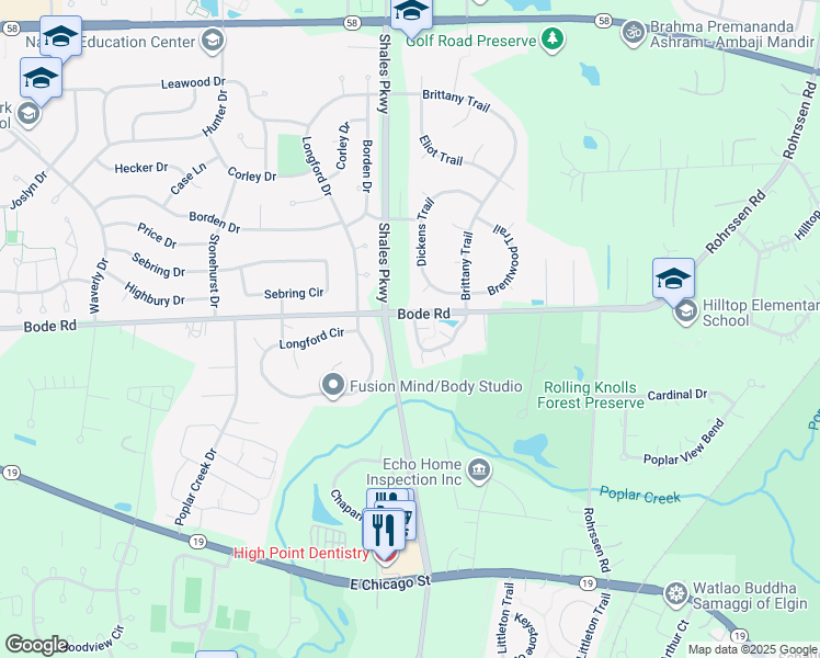 map of restaurants, bars, coffee shops, grocery stores, and more near 112 Neutrenton Avenue in Elgin