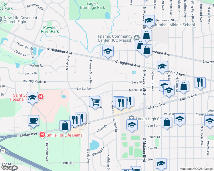 map of restaurants, bars, coffee shops, grocery stores, and more near 102 North Jane Drive in Elgin