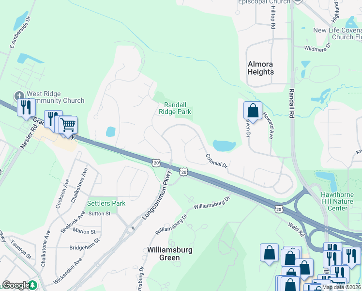 map of restaurants, bars, coffee shops, grocery stores, and more near 2813 Weld Road in Elgin