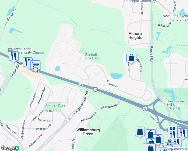 map of restaurants, bars, coffee shops, grocery stores, and more near 2813 Weld Road in Elgin