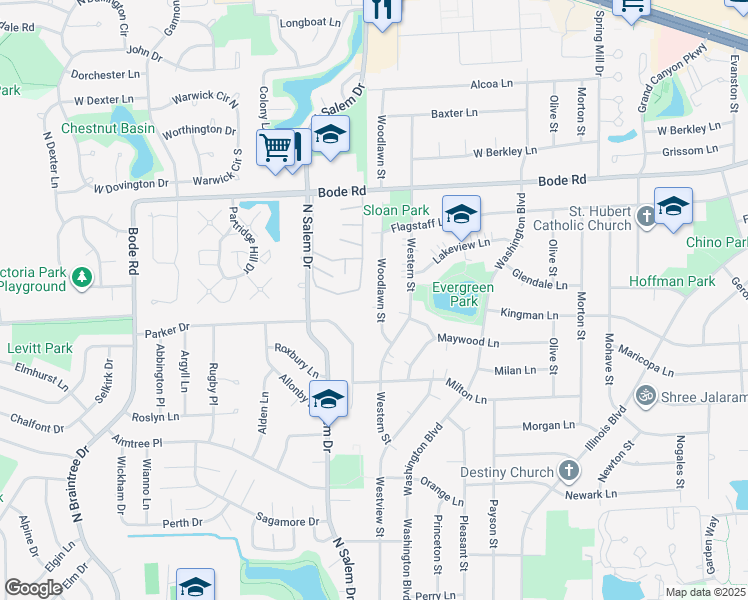 map of restaurants, bars, coffee shops, grocery stores, and more near 600 Woodlawn Street in Hoffman Estates