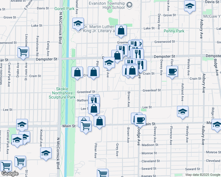 map of restaurants, bars, coffee shops, grocery stores, and more near 2117 Greenleaf Street in Evanston