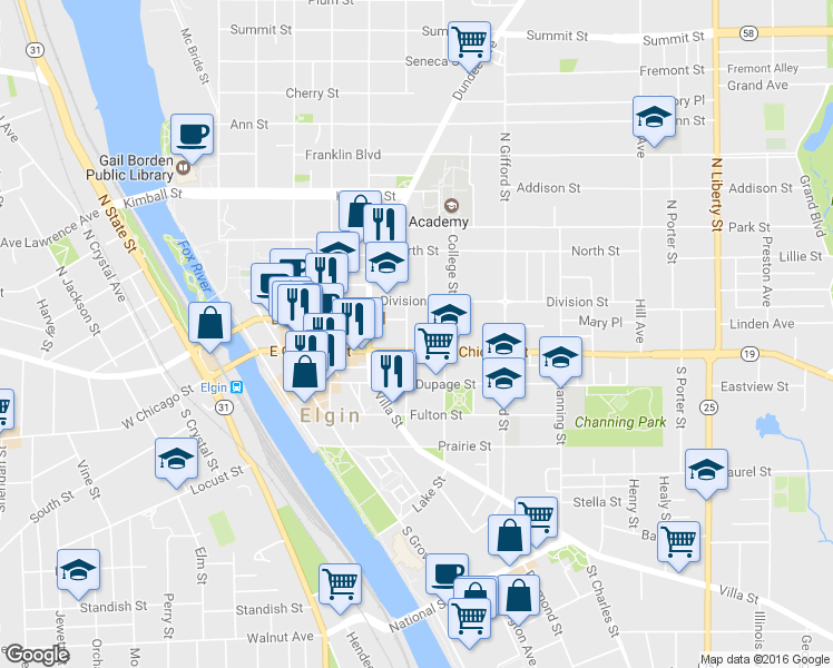 map of restaurants, bars, coffee shops, grocery stores, and more near 15 North Geneva Street in Elgin