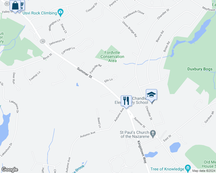 map of restaurants, bars, coffee shops, grocery stores, and more near 317 Summer Street in Duxbury
