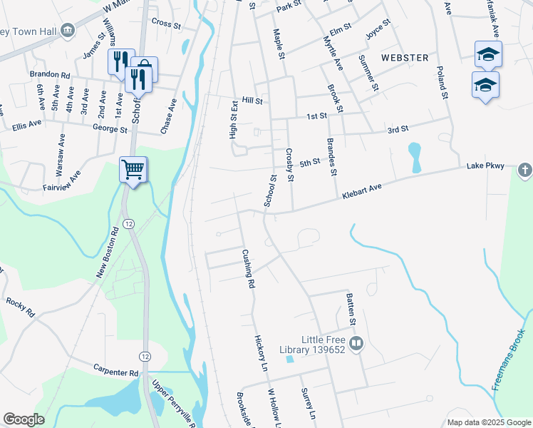 map of restaurants, bars, coffee shops, grocery stores, and more near 2 Klebart Avenue in Webster