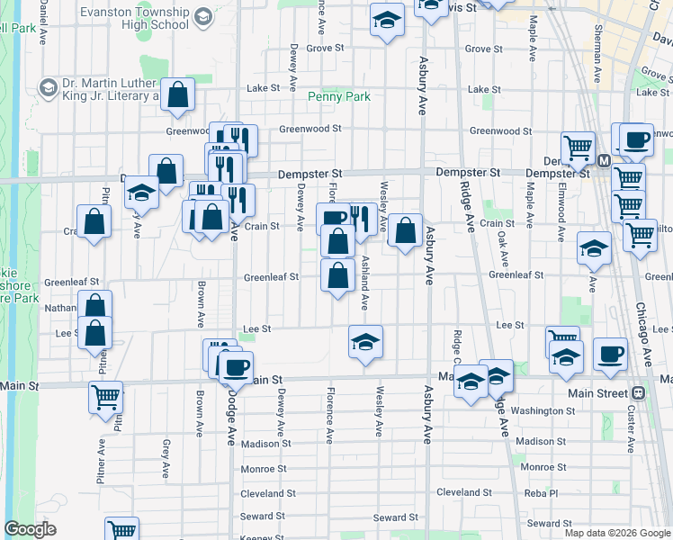 map of restaurants, bars, coffee shops, grocery stores, and more near 1527 Greenleaf Street in Evanston