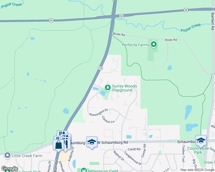 map of restaurants, bars, coffee shops, grocery stores, and more near 593 Ascot Lane in Streamwood