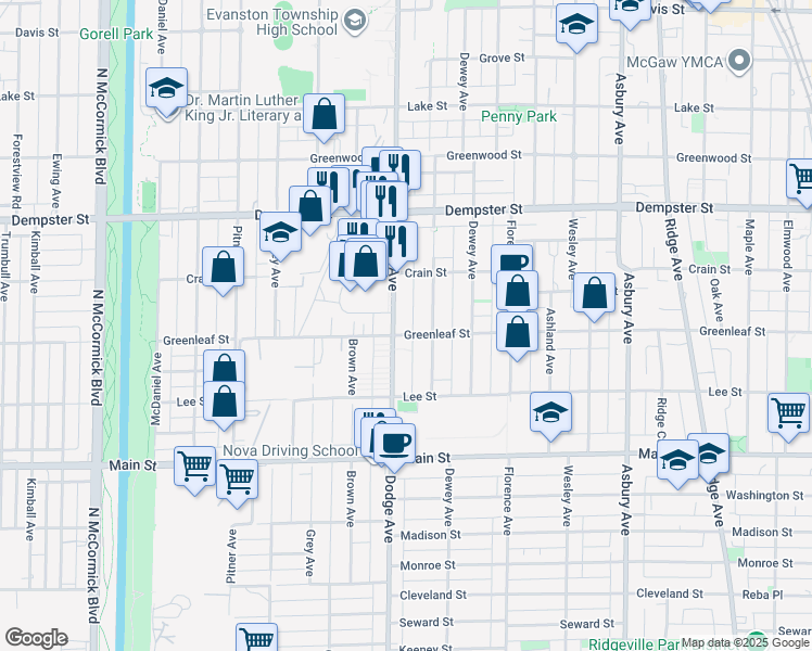 map of restaurants, bars, coffee shops, grocery stores, and more near in Evanston