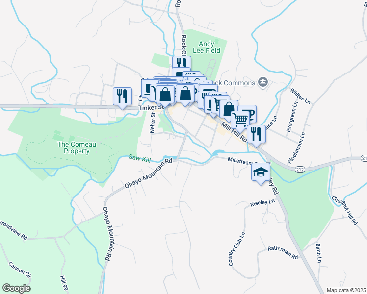map of restaurants, bars, coffee shops, grocery stores, and more near 4 Streamside Terrace in Woodstock