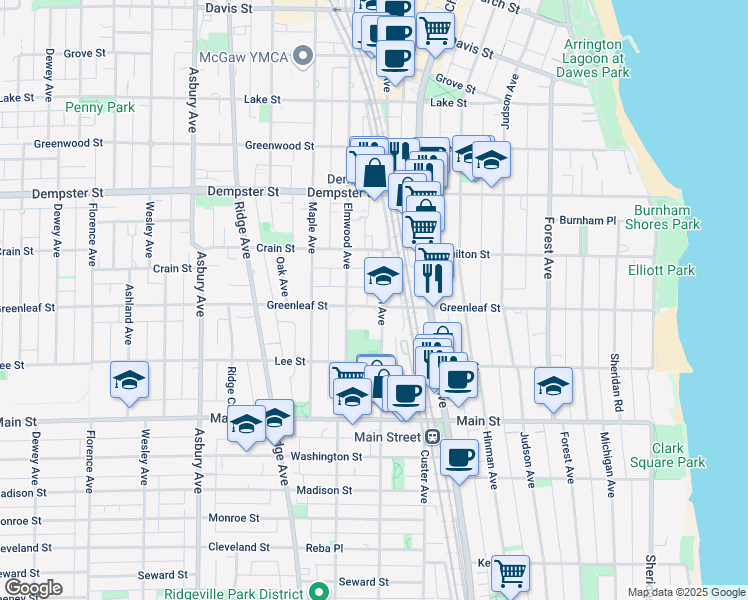 map of restaurants, bars, coffee shops, grocery stores, and more near 807 Greenleaf Street in Evanston