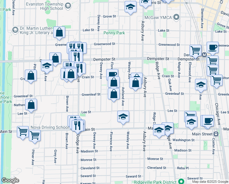 map of restaurants, bars, coffee shops, grocery stores, and more near 1526 Greenleaf Street in Evanston