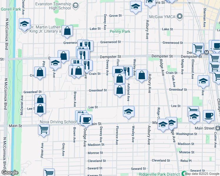 map of restaurants, bars, coffee shops, grocery stores, and more near 1047 Dewey Avenue in Evanston