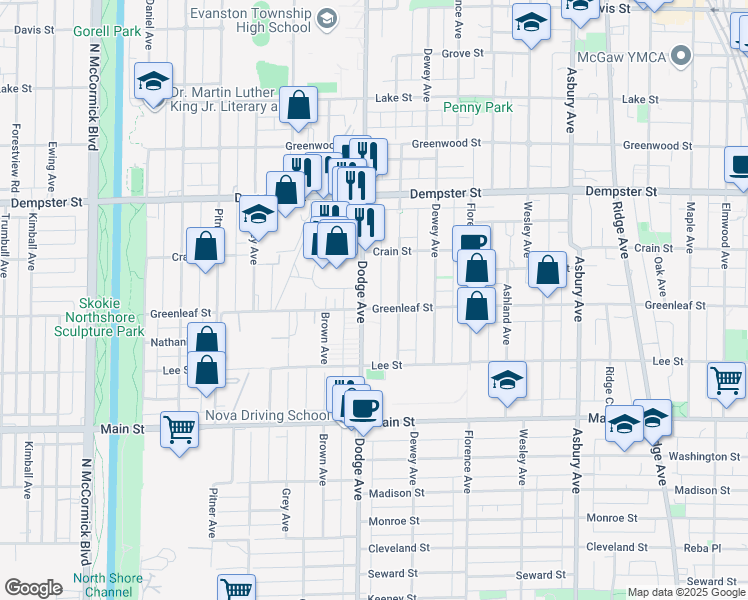 map of restaurants, bars, coffee shops, grocery stores, and more near in Evanston