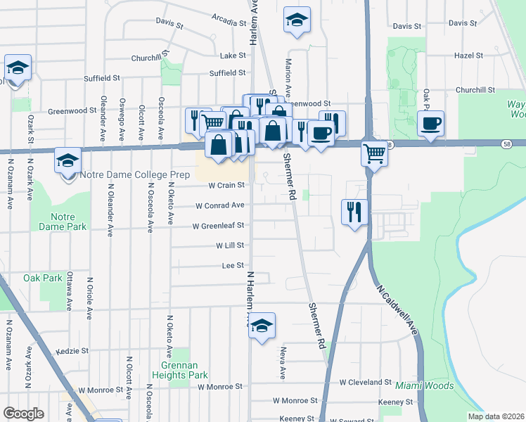 map of restaurants, bars, coffee shops, grocery stores, and more near 7150 West Greenleaf Street in Niles