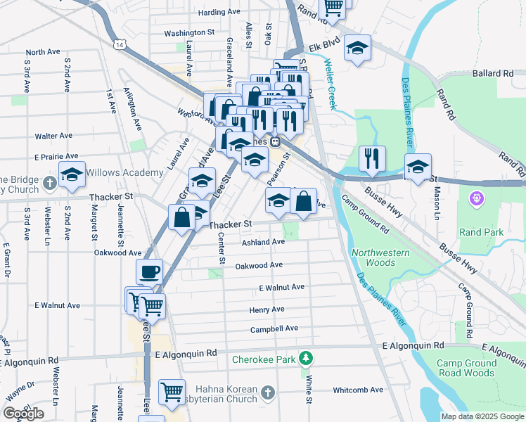 map of restaurants, bars, coffee shops, grocery stores, and more near 869 Pearson Street in Des Plaines
