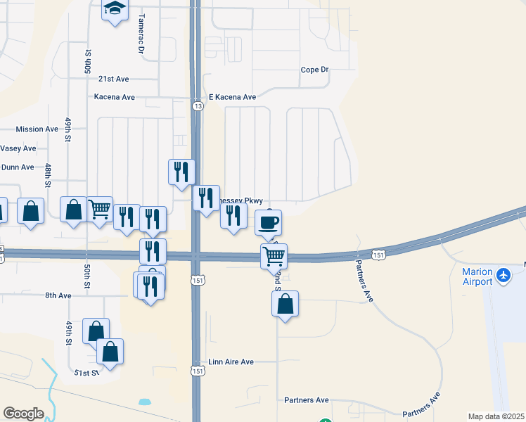 map of restaurants, bars, coffee shops, grocery stores, and more near 5801 Hennessey Parkway in Marion