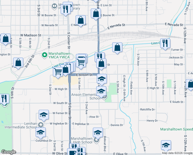 map of restaurants, bars, coffee shops, grocery stores, and more near 200-298 Young Street in Marshalltown