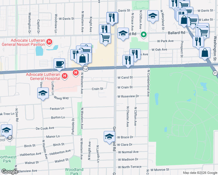 map of restaurants, bars, coffee shops, grocery stores, and more near 1301 Crain Street in Park Ridge