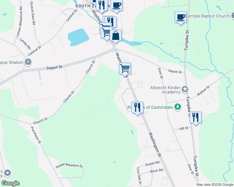 map of restaurants, bars, coffee shops, grocery stores, and more near 9 Adam Street in Easton