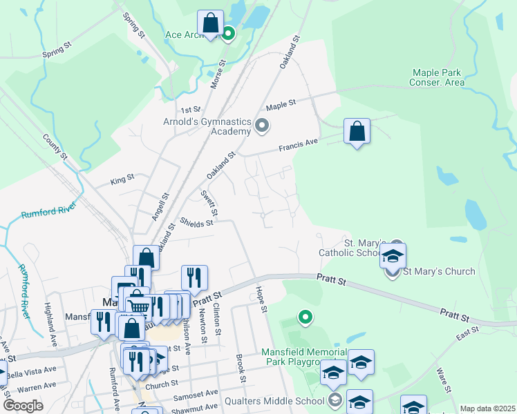 map of restaurants, bars, coffee shops, grocery stores, and more near 1118 Francis Avenue in Mansfield