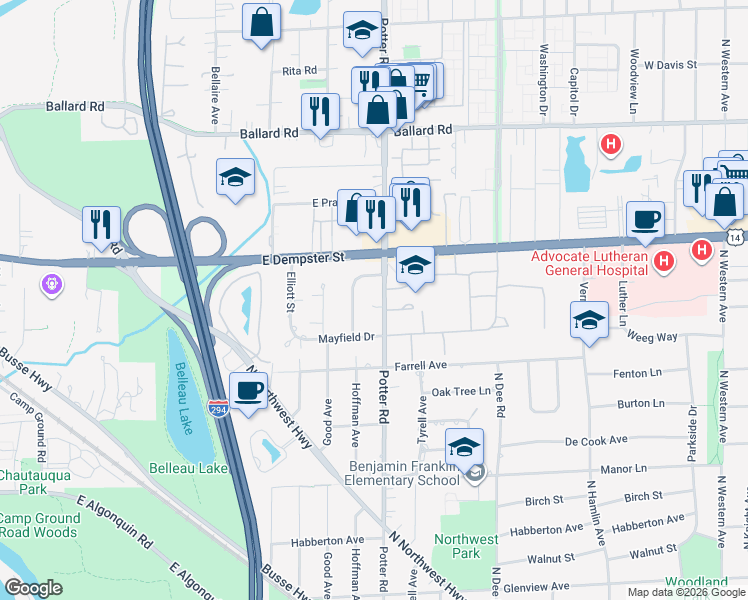 map of restaurants, bars, coffee shops, grocery stores, and more near 1735 Evergreen Lane in Park Ridge
