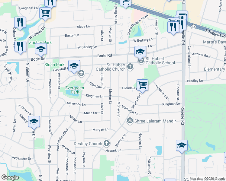 map of restaurants, bars, coffee shops, grocery stores, and more near 625 Morton Street in Hoffman Estates