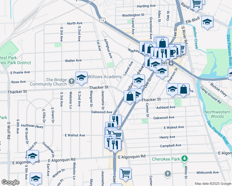 map of restaurants, bars, coffee shops, grocery stores, and more near 1201 E Thacker St in Des Plaines