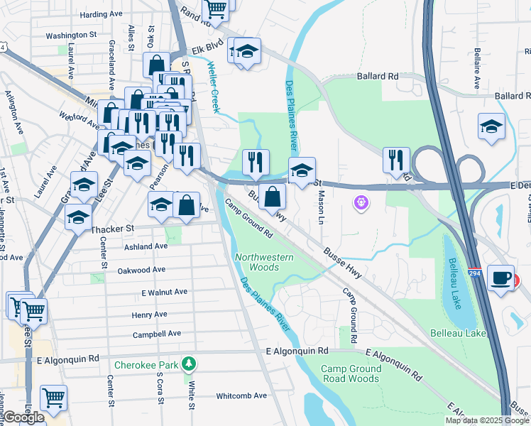 map of restaurants, bars, coffee shops, grocery stores, and more near 1777 Busse Highway in Des Plaines