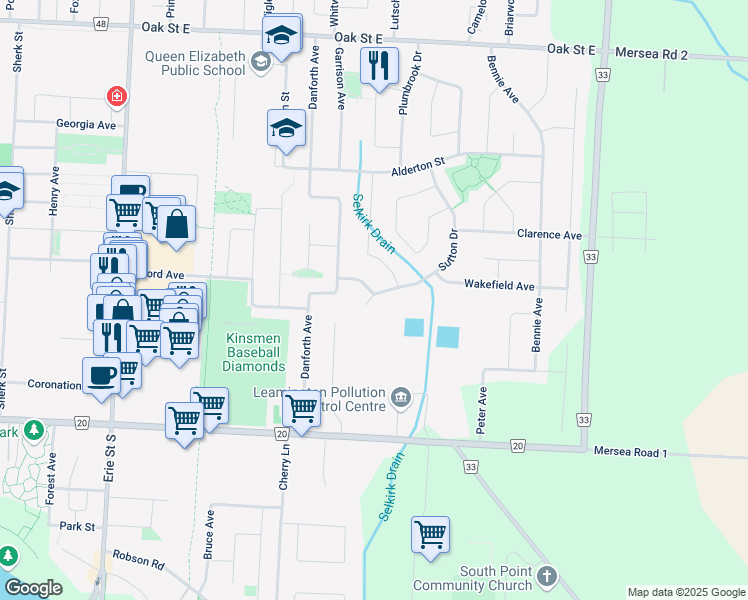 map of restaurants, bars, coffee shops, grocery stores, and more near 112 Sutton Drive in Leamington