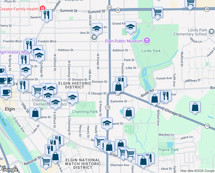 map of restaurants, bars, coffee shops, grocery stores, and more near 3 North Liberty Street in Elgin
