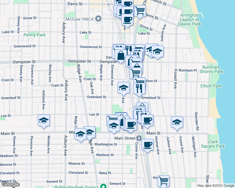 map of restaurants, bars, coffee shops, grocery stores, and more near 807 Greenleaf Street in Evanston