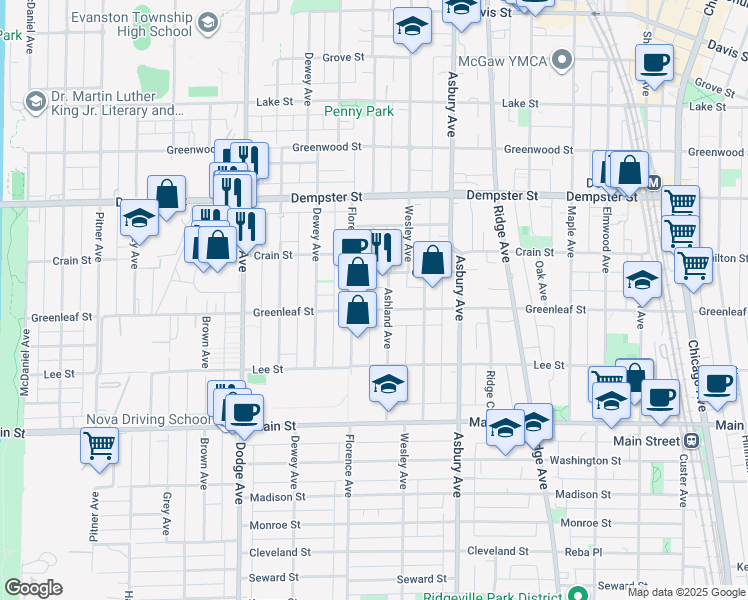 map of restaurants, bars, coffee shops, grocery stores, and more near 1426 Greenleaf Street in Evanston