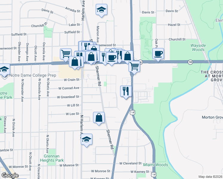 map of restaurants, bars, coffee shops, grocery stores, and more near 7030 West Greenleaf Avenue in Niles