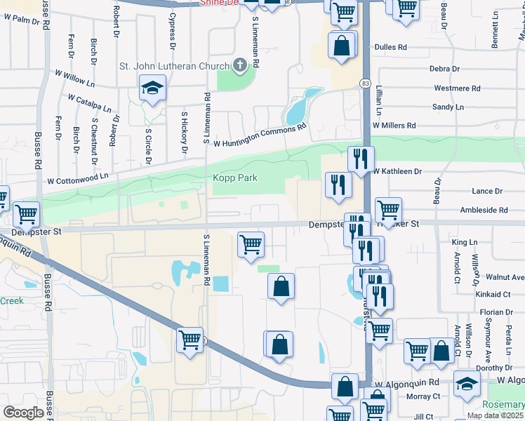 map of restaurants, bars, coffee shops, grocery stores, and more near 530 Dempster Street in Mount Prospect