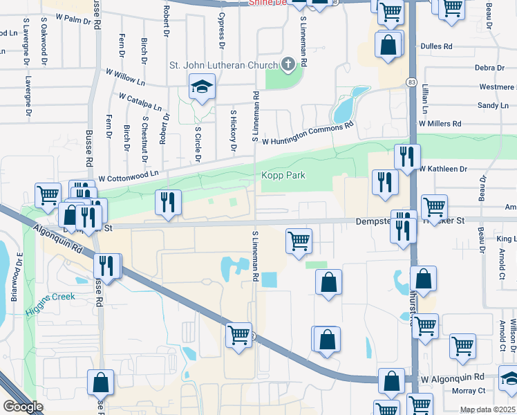 map of restaurants, bars, coffee shops, grocery stores, and more near 710 Dempster Street in Mount Prospect