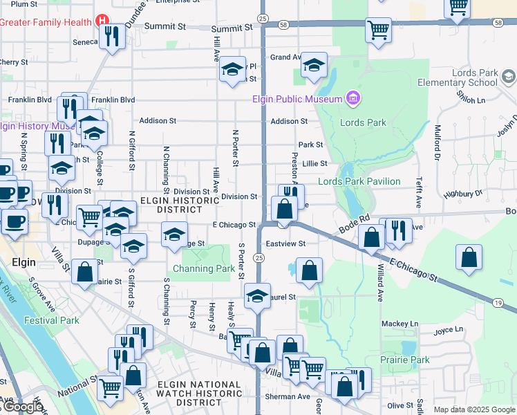 map of restaurants, bars, coffee shops, grocery stores, and more near 3 North Liberty Street in Elgin