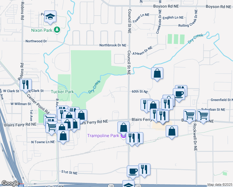 map of restaurants, bars, coffee shops, grocery stores, and more near 1641 Pinehurst Northeast in Cedar Rapids