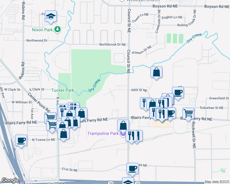 map of restaurants, bars, coffee shops, grocery stores, and more near 1641 Pinehurst Northeast in Cedar Rapids