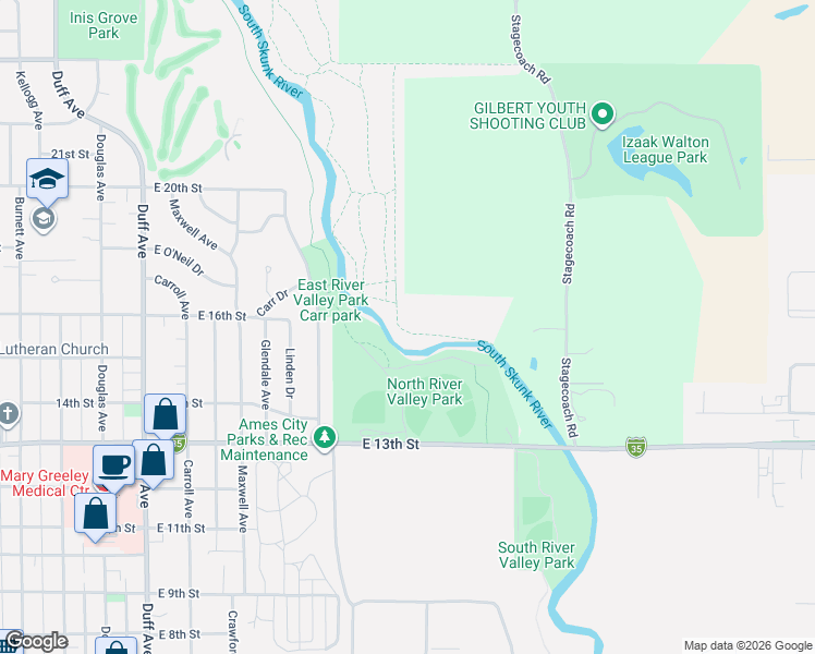 map of restaurants, bars, coffee shops, grocery stores, and more near 127 North Maple Avenue in Ames