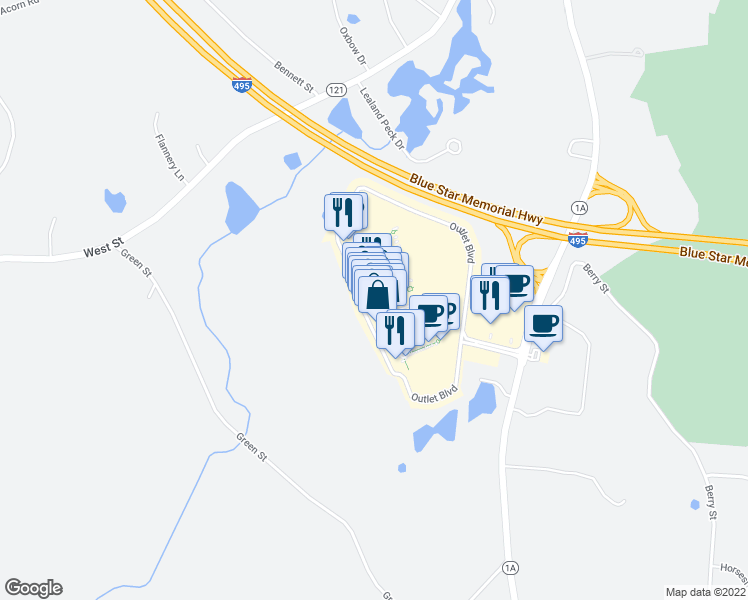 map of restaurants, bars, coffee shops, grocery stores, and more near Wrentham Street in Wrentham