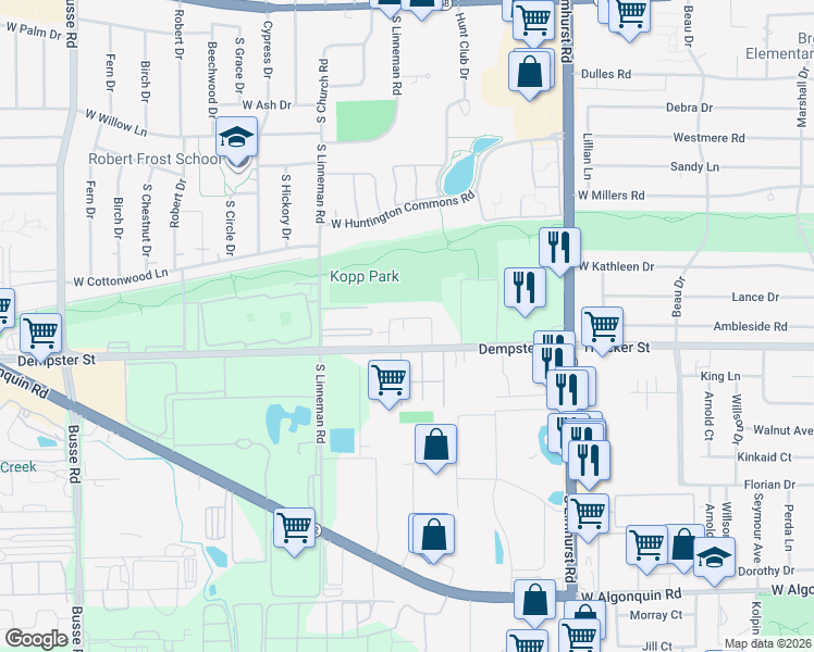 map of restaurants, bars, coffee shops, grocery stores, and more near 530 Dempster Street in Mount Prospect