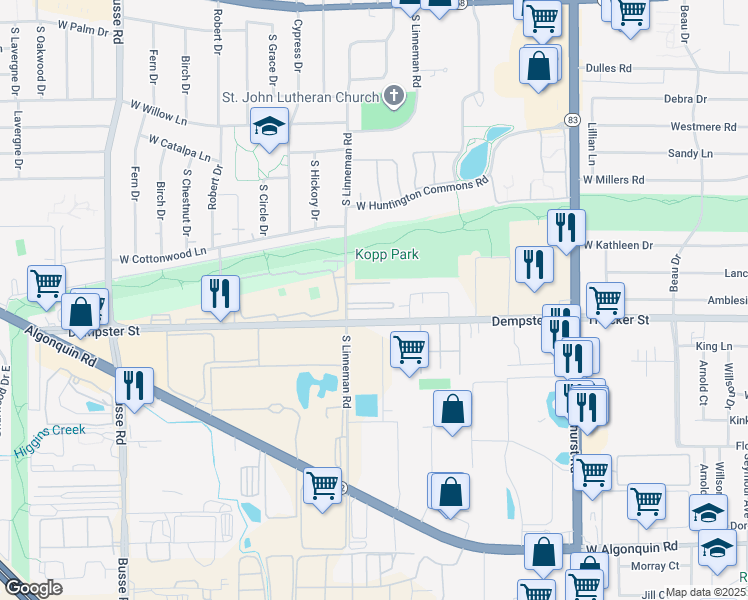 map of restaurants, bars, coffee shops, grocery stores, and more near 637 W Pickwick Ct in Mt Prospect
