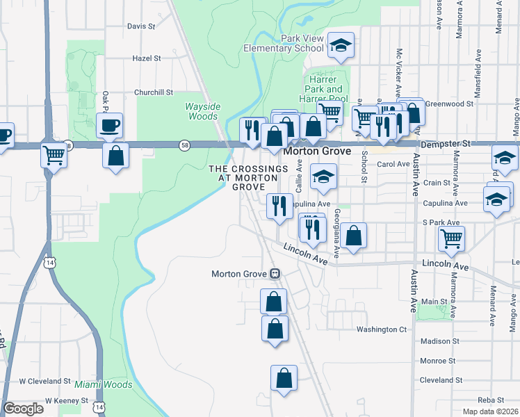 map of restaurants, bars, coffee shops, grocery stores, and more near 306 Capulina Court in Morton Grove
