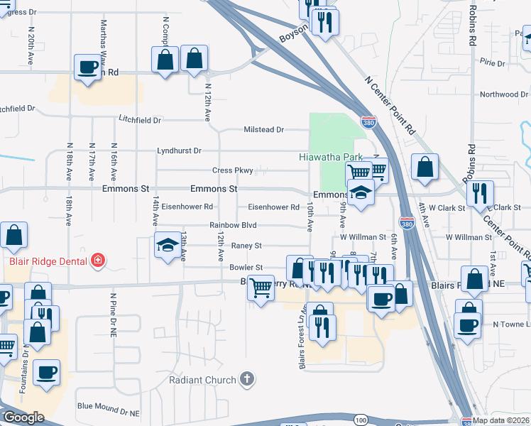 map of restaurants, bars, coffee shops, grocery stores, and more near 1077 Rainbow Boulevard in Hiawatha